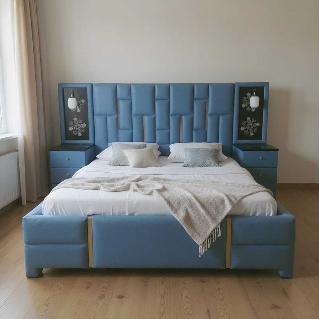 Premium Light Blue Upholstered Bed with Integrated Nightstands